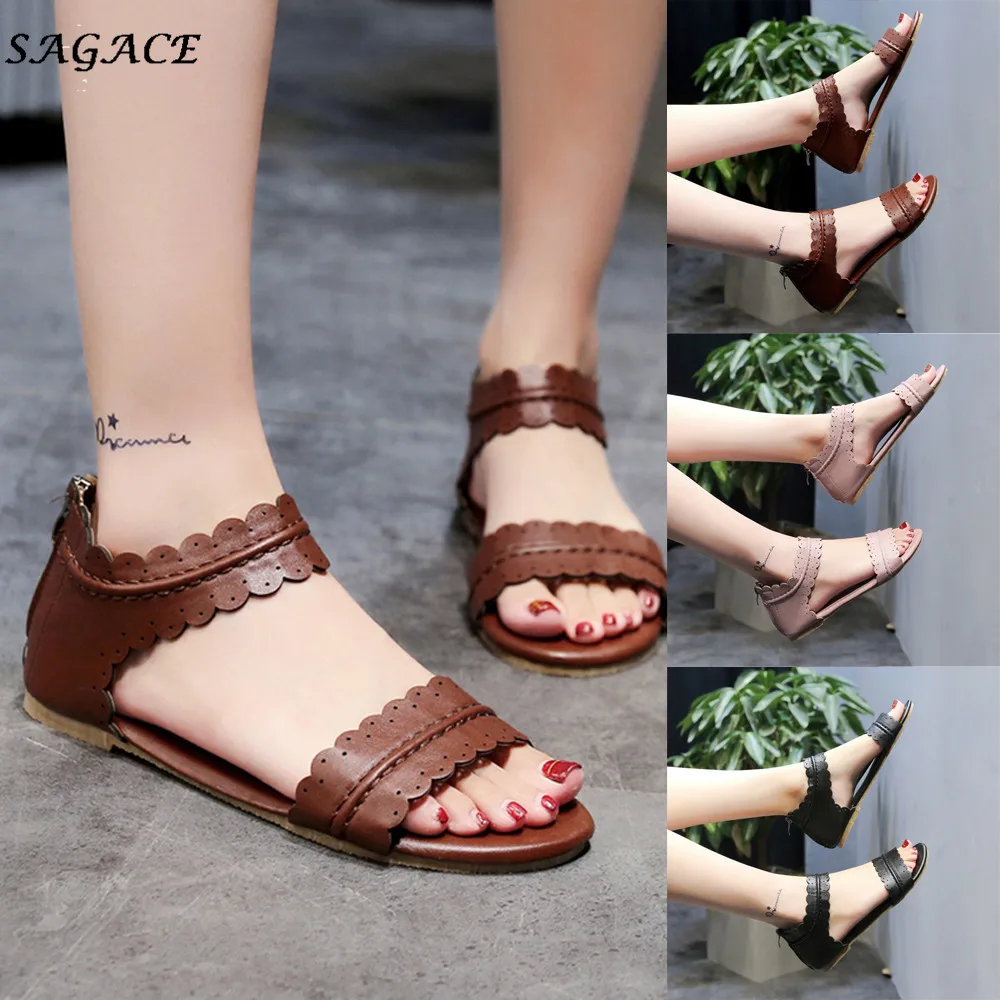 SAGACE shoes woman 2018 Solid Ruffles Round Toe Flat Cover Heel Zipper Sandals Romen zapatos mujer Shoes size 35-43 SAGACE shoes woman 2018 Solid Ruffles Round Toe Flat Cover Heel Zipper Sandals Romen zapatos mujer Shoes size 35-43