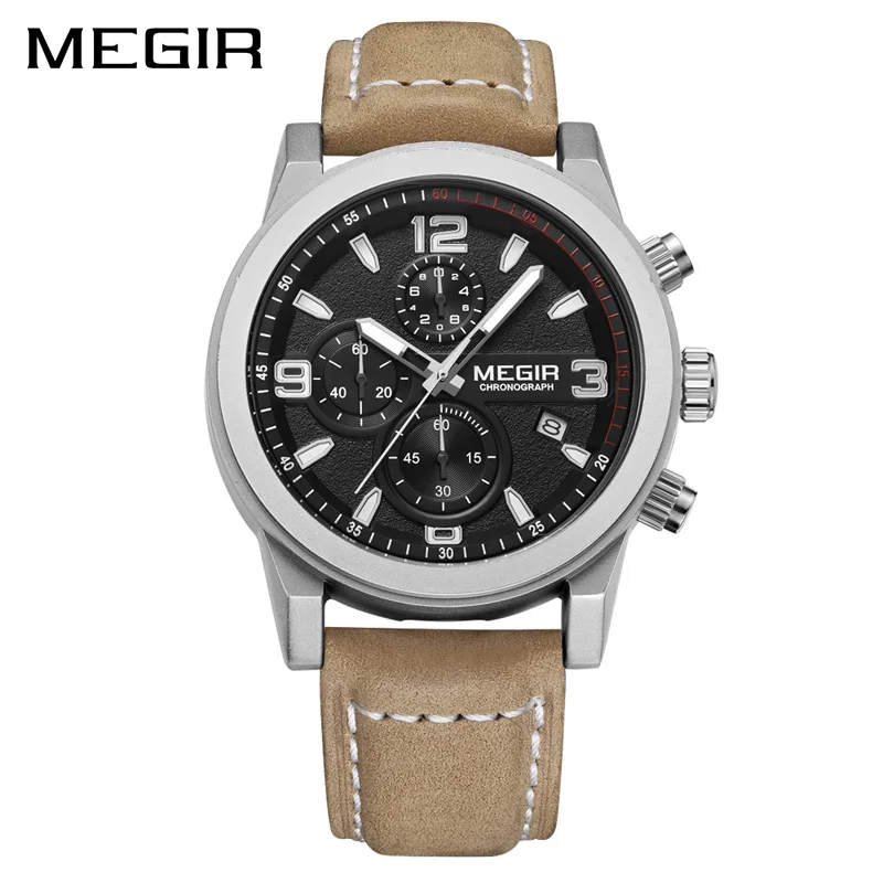 MEGIR Fashion Sport Watch Luxury Brand Leather Band Men Quartz Watches Chronogragph Clock Men Army Military