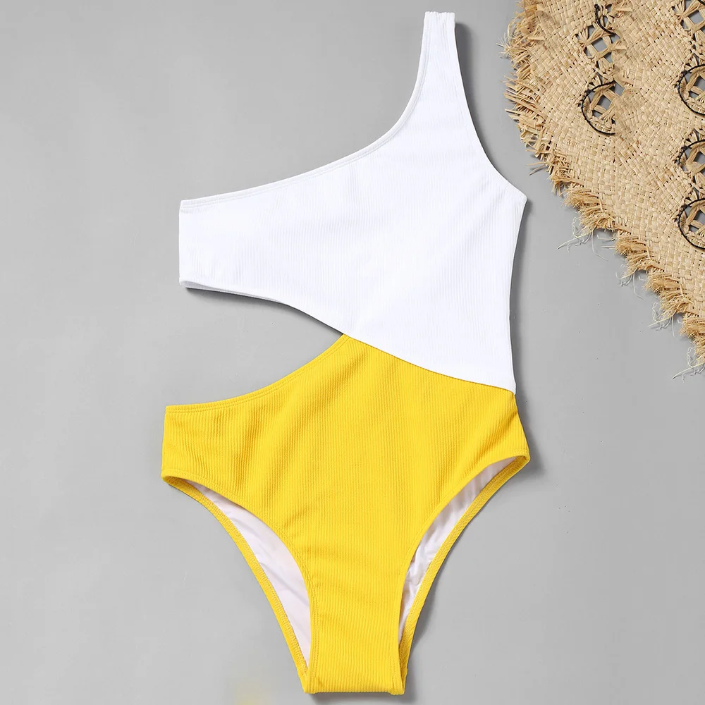 

ZAFUL 2019 New Bikinis Swimsuit Ribbed Two Tone One Shoulder Swimsuit Women One-Piece Suits High Cut Padded Sexy Bathing Suits