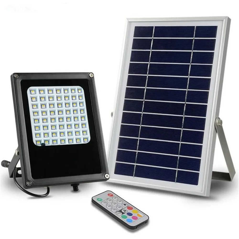 7 Color Changing Remote Control Flood Light 6V 6W Solar Power 56 LED Floodlight Outdoor