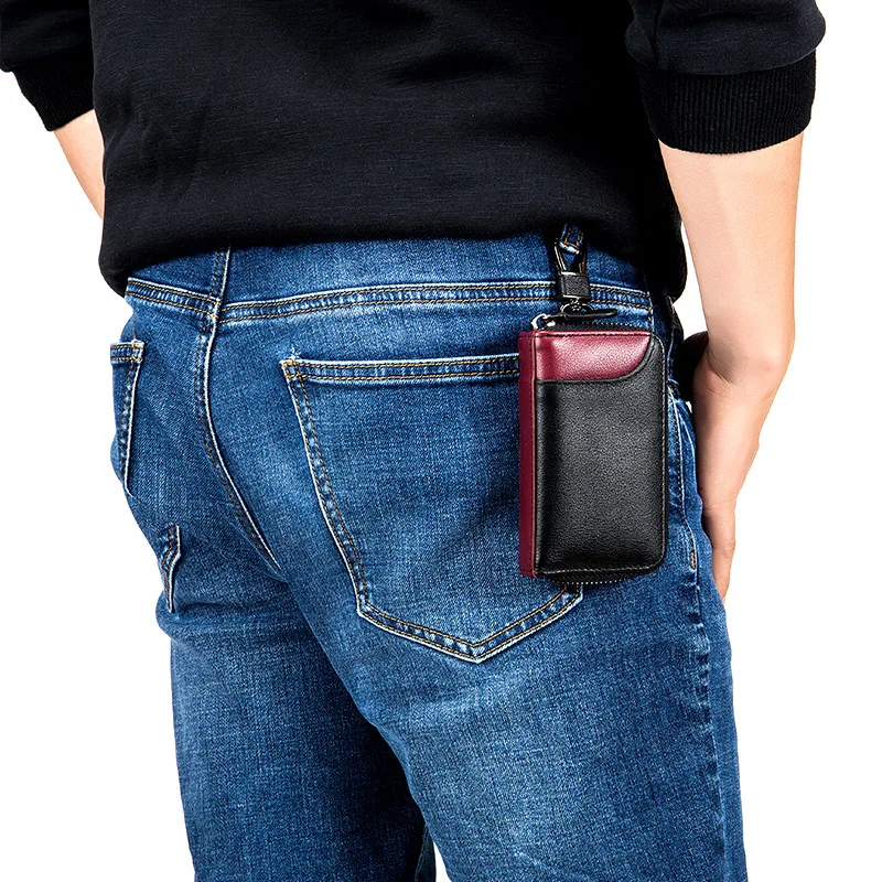 

Real Leather Key Holder Keychain Zipper Waist Hanging Key Wallets Housekeeper Practical Car Remote Key Pass Card Large Capacity