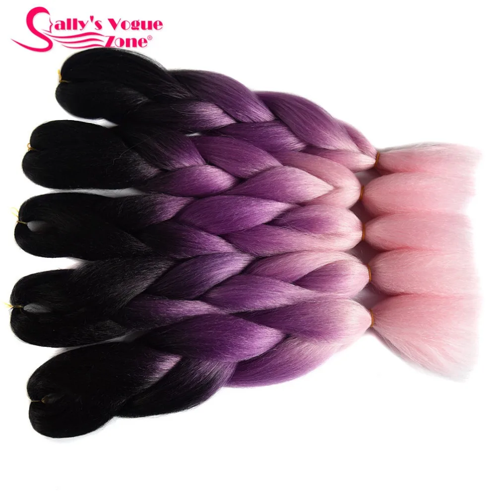 Sallyhair 24inch Ombre 3 Tone Black Purple Light Pink Color Synthetic Braiding Hair Extension Bulk Hair Braids