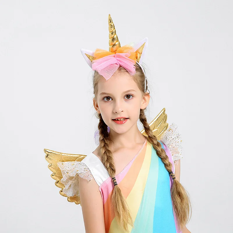 Girls' Dress Rainbow Unicorn Party With Headband Halloween Christmas Cosplay Costume Kids 2018 Summer Dress Party Dress
