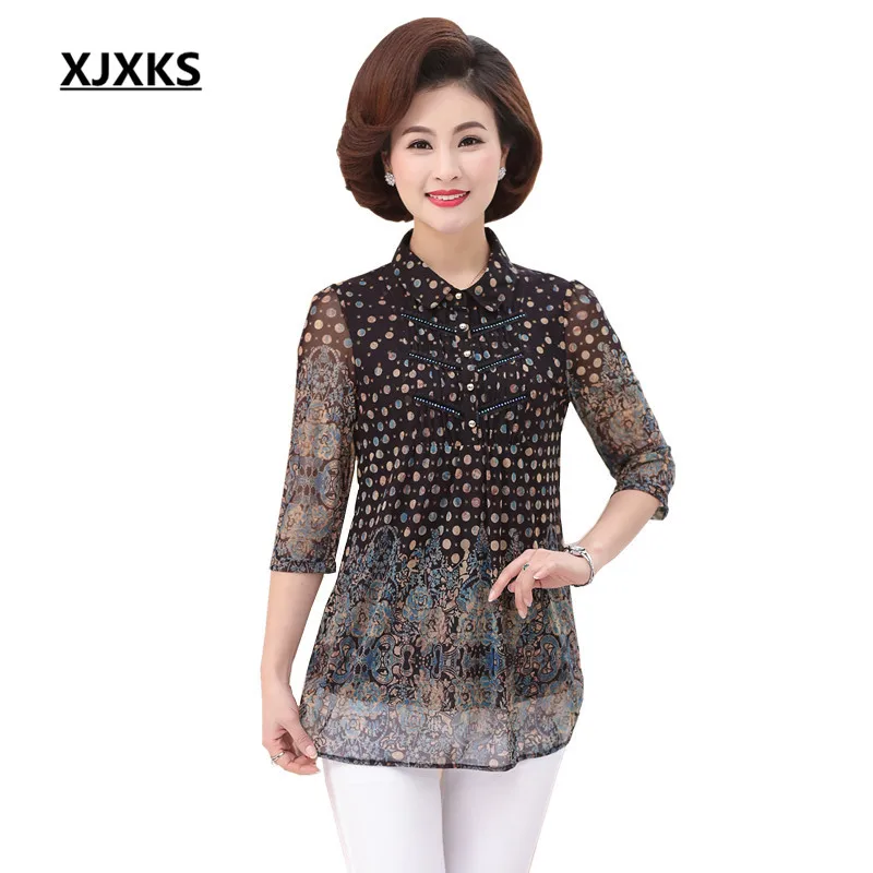 Oficina Camisas Verano De Xjxks Chiffon Elegante Tops Collar Calidad down Manga Impresión Picture Alta Señoras Mujeres Blusas Color Turn Media 1861 OvSdqwzv