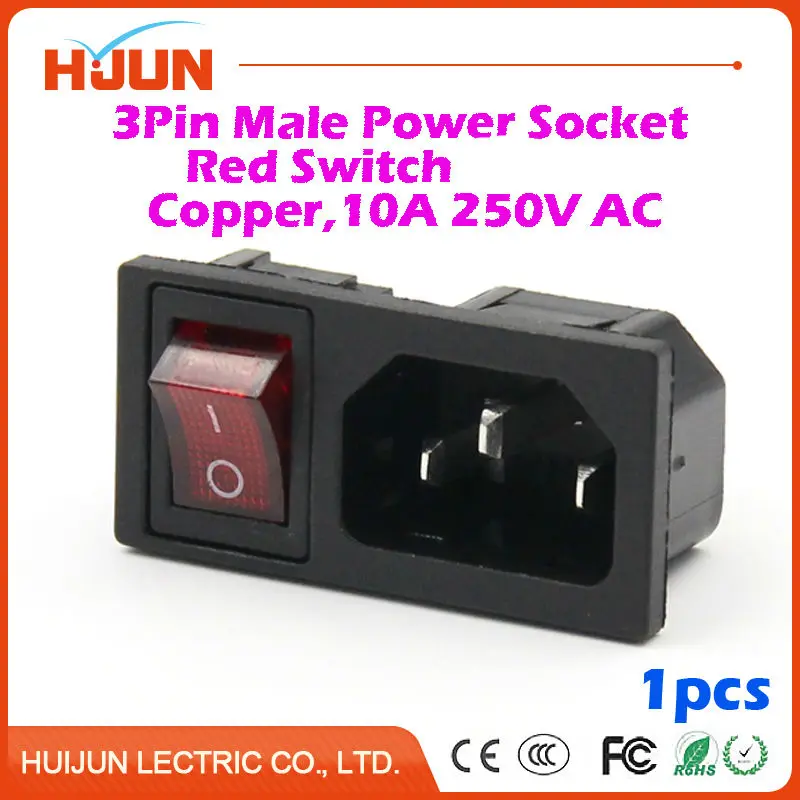 

1Pcs High Quality 3 Pin Male Safe Power Socket Red LED Switch Copper Inlet Connector Plug 10A 250V AC Computer Apparatus