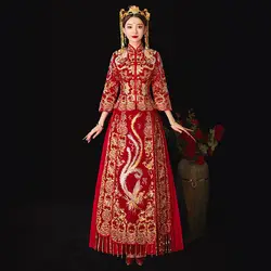 Горный хрусталь Благородный Элегантный Для женщин свадебные чехонг-костюм Винтаж древних невесты платье вышивка Сучжоу феникс Qipao Размеры
