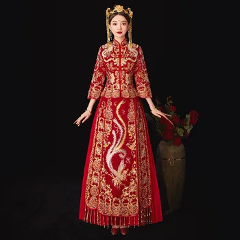 

Rhinestone Noble Elegant Women Wedding Cheongsam Suit Vintage Ancient Bride Dress Suzhou Embroidery Phoenix Qipao Size S-XXL
