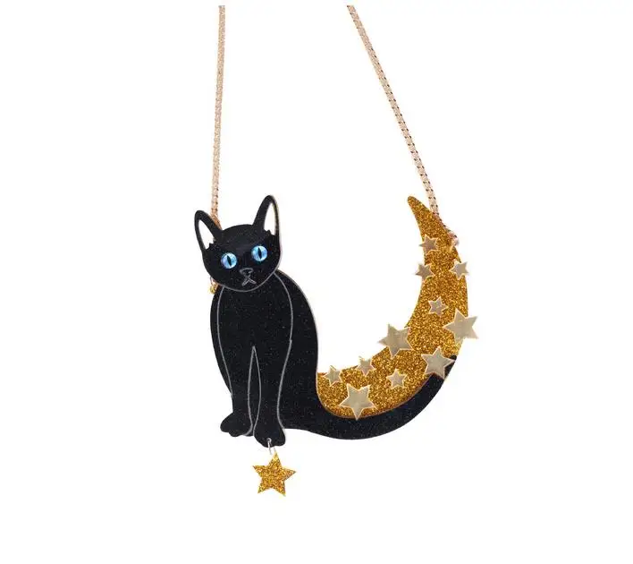 

2018 New Arrival Black Cat Under the Moon Creative Acrylic Animal Themes Pendant Necklace Star Moon Acrylic Necklace for Women