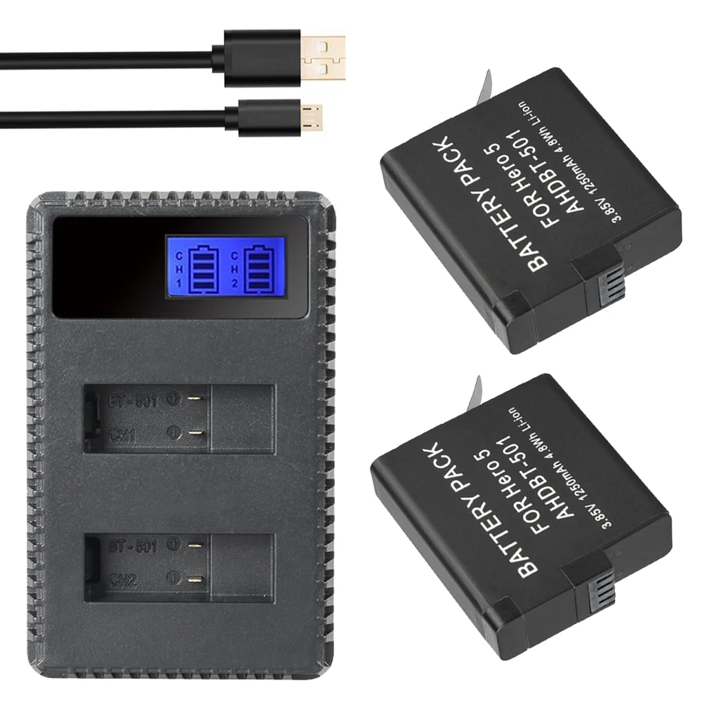 2x1250mAh AHDBT-501 AHDBT501 Hero5 Hero6 батарея для экшн-камеры + USB LCD двойное зарядное устройство