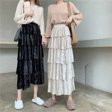 Настоящая съемка новой осенней корейской версии средней длины с высокой талией Золотая Бархатная плиссированная юбка Многоуровневая многослойная юбка средней длины