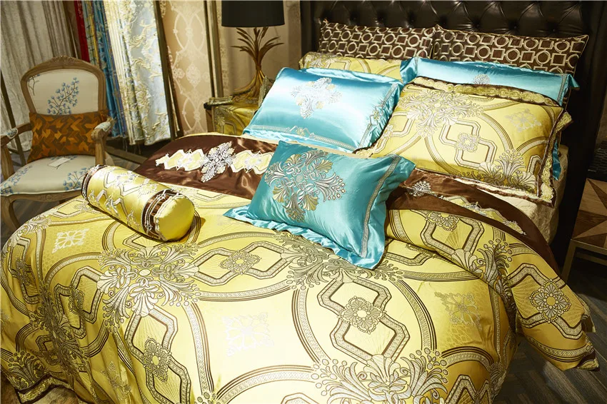 Waliicorners 10Pcs Luxury Satin Royal Bedding set Golden color Queen King size Duvet Bed cover Bed/Flat sheet Bed spread set Pillowcase 11 _51A6494