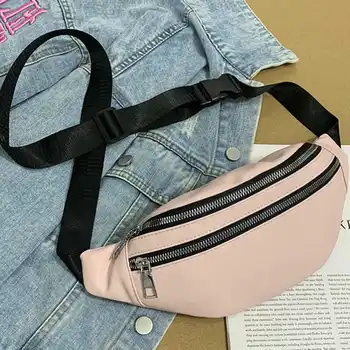 

Women Girl Zipper Waist Pack Faux Leather Solid Fanny Pack Belt Bag Chest Bag