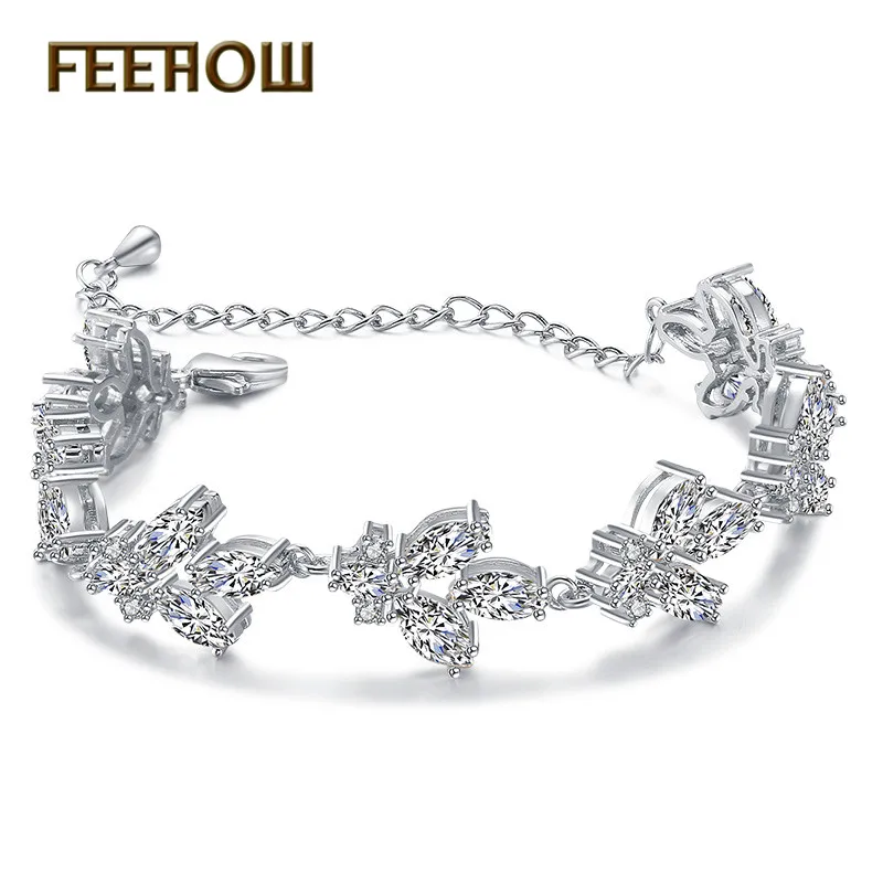 

FEEHOW Trendy Sliver Color Cubic Zirconia Crystal Charm Leaf Bracelet & Bangles For Women Bride Wedding Jewelry FWBP2103