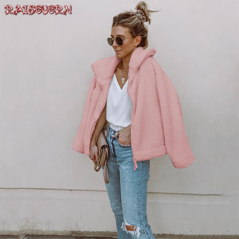 

RAISEVERN 2018 New Pink Autumn Winter Outwear Warm Tops Kawaii Coat Sweat Fleece Overcoat Zipper Harajuku Cute Jackets Christmas
