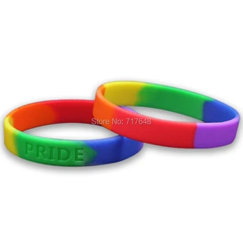 

100pcs debossed segmented Rainbow Gay Pride wristband silicone bracelets free shipping by epacket A