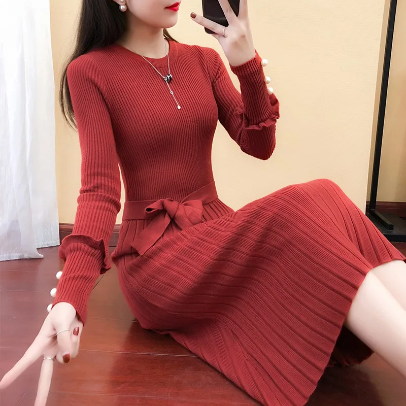 

Women's Fashion Sexy Knitted Dresses 2019 Spring New arrival Street Wear Elegant Ruffles Sleeve Ladies Pleated Dresss omighty