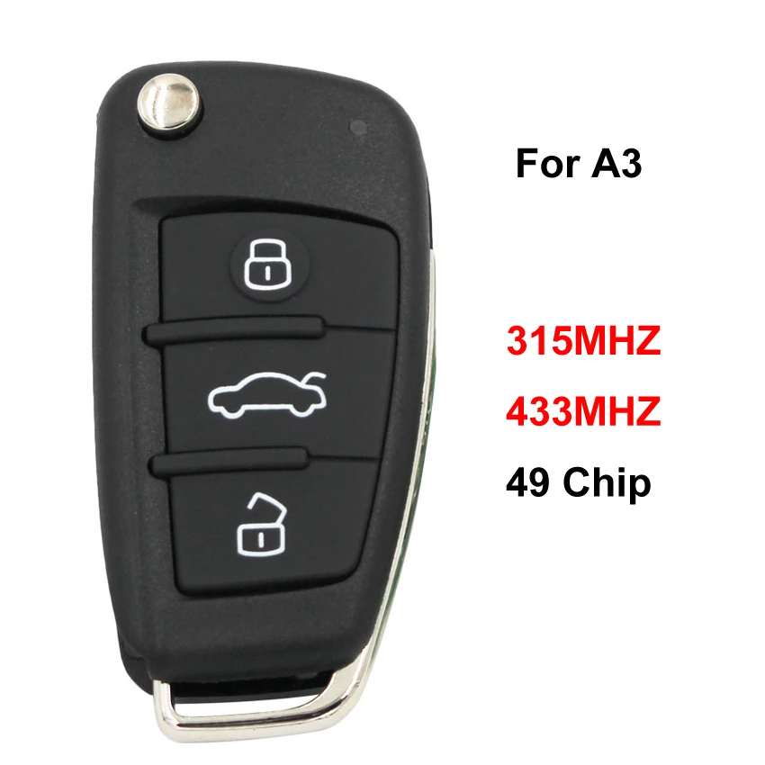 3 кнопки складной чехол-книжка полу интеллигентая(ый) пульт дистанционного ключа ключ дистанционного управления брелок 315 МГц или 433 МГц ID49 чип 49 чип Применение для Audi A3