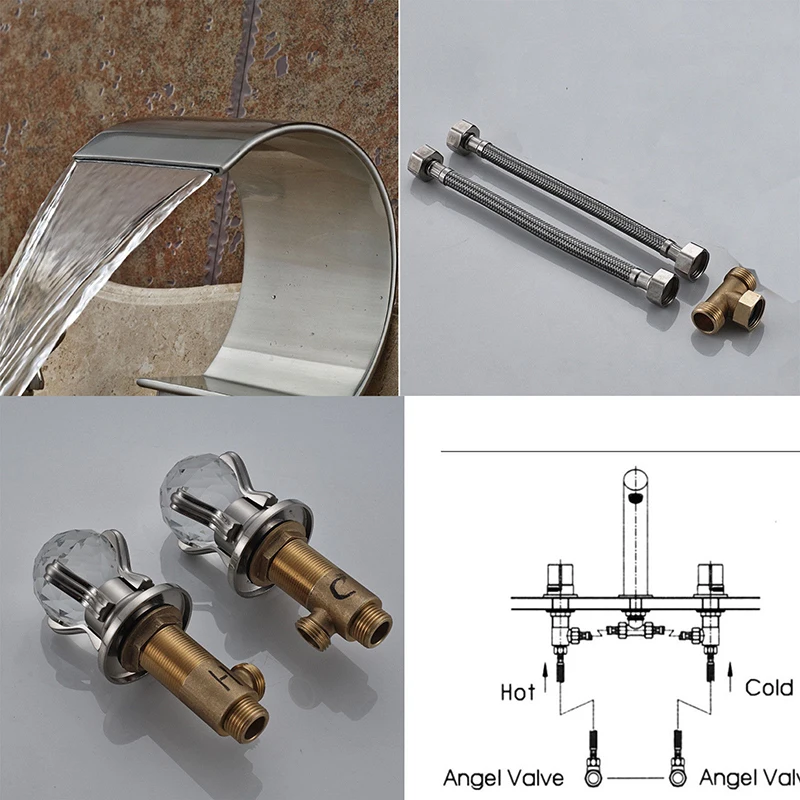 Onyzpily кран для ванной комнаты Водопад изогнутый носик Матовый никель двойные Хрустальные Ручки бассейна Ванна смеситель кран для ванной
