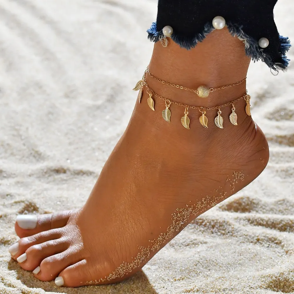 

Charmsmic Bohemian Tree Leaf Foot Anklets Ajustable Chain Gold Silver Leg Anklet Sets Women Multilayer Beach Jewelry Decoration