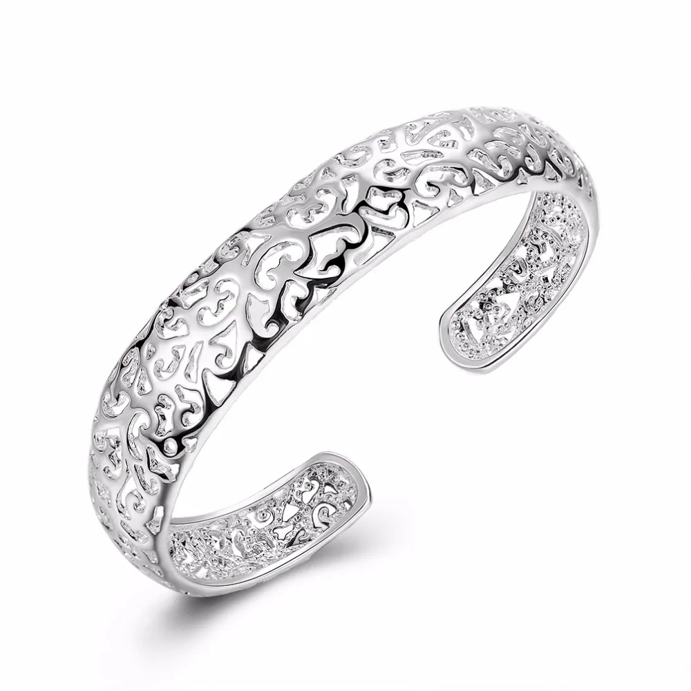 Hollow Carved Plated Slided Bracelet Silver Plated Open Bangle Bracelet Classic Flower Pattern