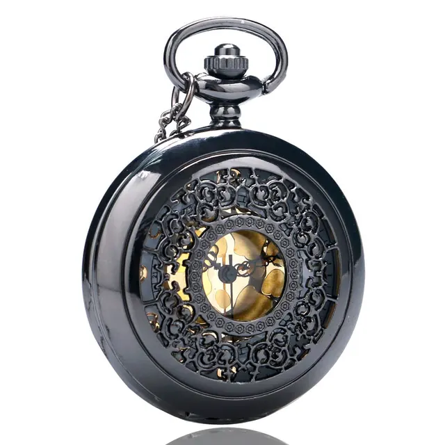 New Fashion Black Hollow Quartz Steampunk Pendant Pocket Watch With Chain Neckla New Fashion Black Hollow Quartz Steampunk Pendant Pocket Watch With Chain Neckla