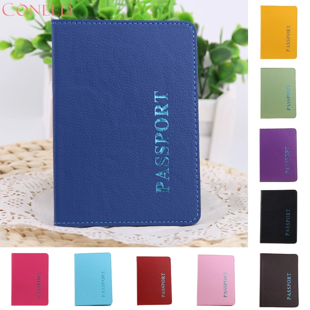 CONEED passport holder litchi grain PU solid blue passports cover