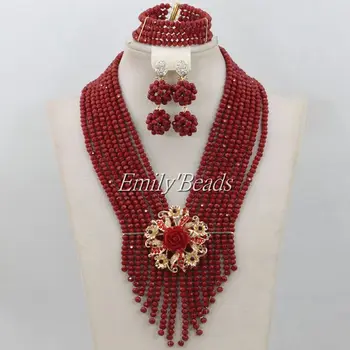 

Terrific New Chunky Layered Red Nigerian Crystal Beads Jewelry Set Wedding African Jewelry Sets Handmade Free Shipping AIJ076