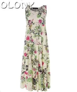 

Vintage Floral Print Sleeveless Crew Neck Dress2019 OLONY women dress