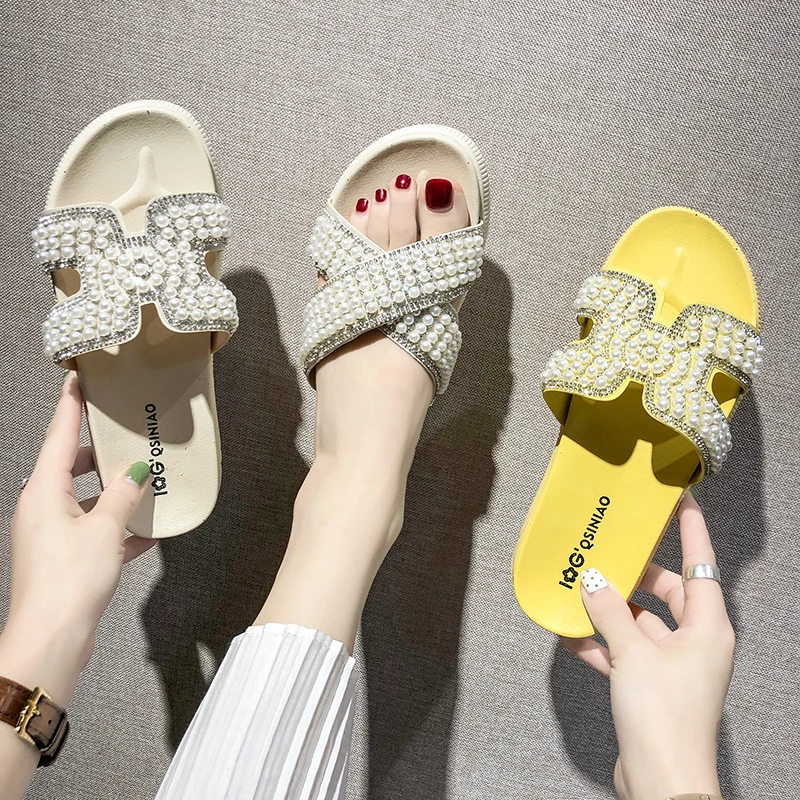 

Sandals and slippers women wear 2019 new summer fashion Korean pearl rhinestone H drag wild word drag house slipper women shoes