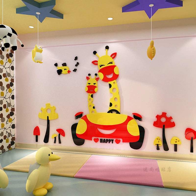 Мультяшный Жираф 3D акриловые настенные наклейки для гостиной, спальни, детского сада, фоновые настенные украшения детской комнаты