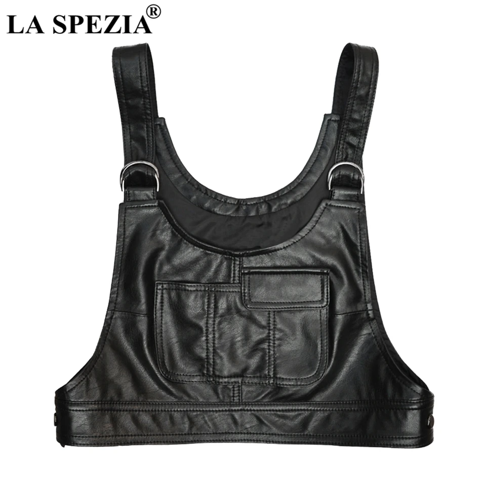 

LA SPEZIA Women's Vests Black Short Army Sleeveless Jacket Female Plain Genuine Sheepskin Leather Military Ladies Spring Gilet