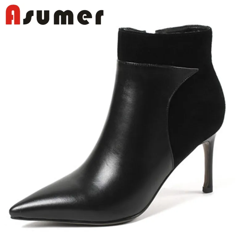

ASUMER NEW 2018 patchwork high heels boots pointed toe thin heels ankle boots for women fashion simple genuine leather boots