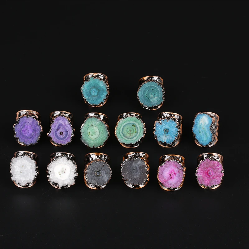 

big multi color druzy crystal stone slice bead charm resizable open vintage retro copper metal hammered ring cuff for woman man