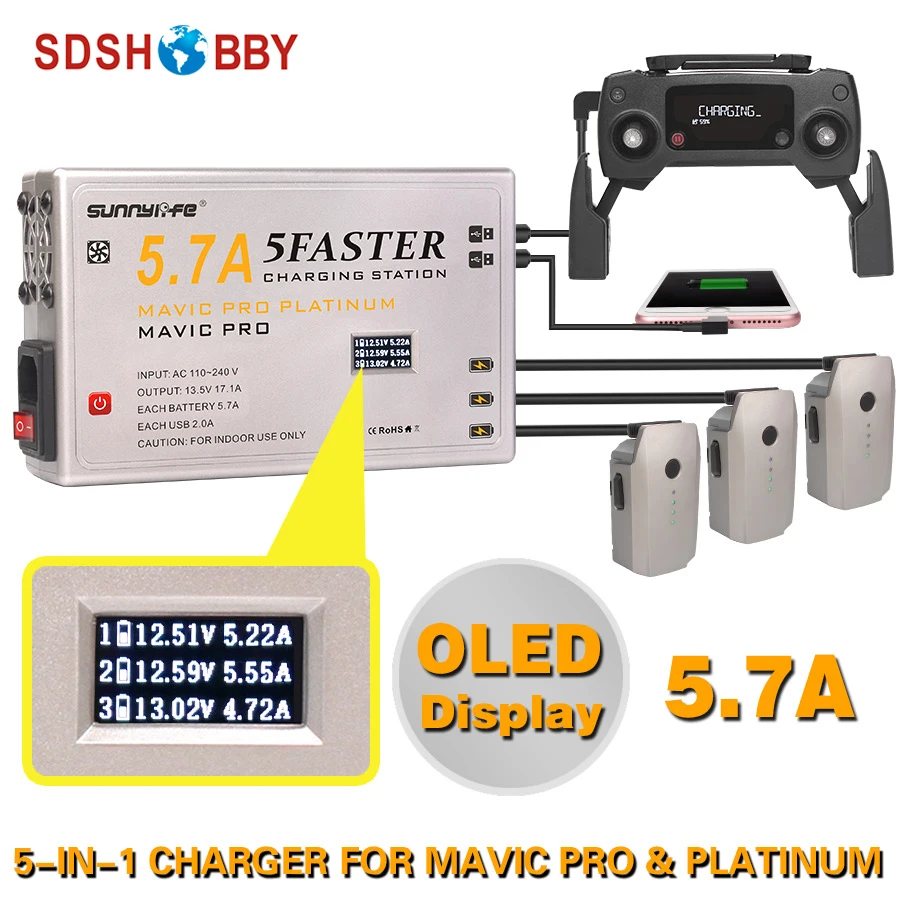 Sunnylife 5In1 5.7A Grande Corrente Regolatore Di Carica Della Batteria Per Smartphone Tablet Caricatore Con Display Oled Per Mavic Pro Platino