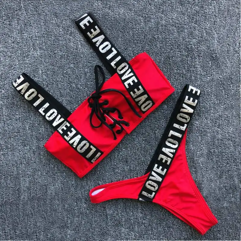 Сексуальные бразильские бикини наборы Мода с буквенным принтом бикини Пуш Ап спортивный купальник женские трусики купальник женский лиф-бандо s-xxl - Цвет: Красный