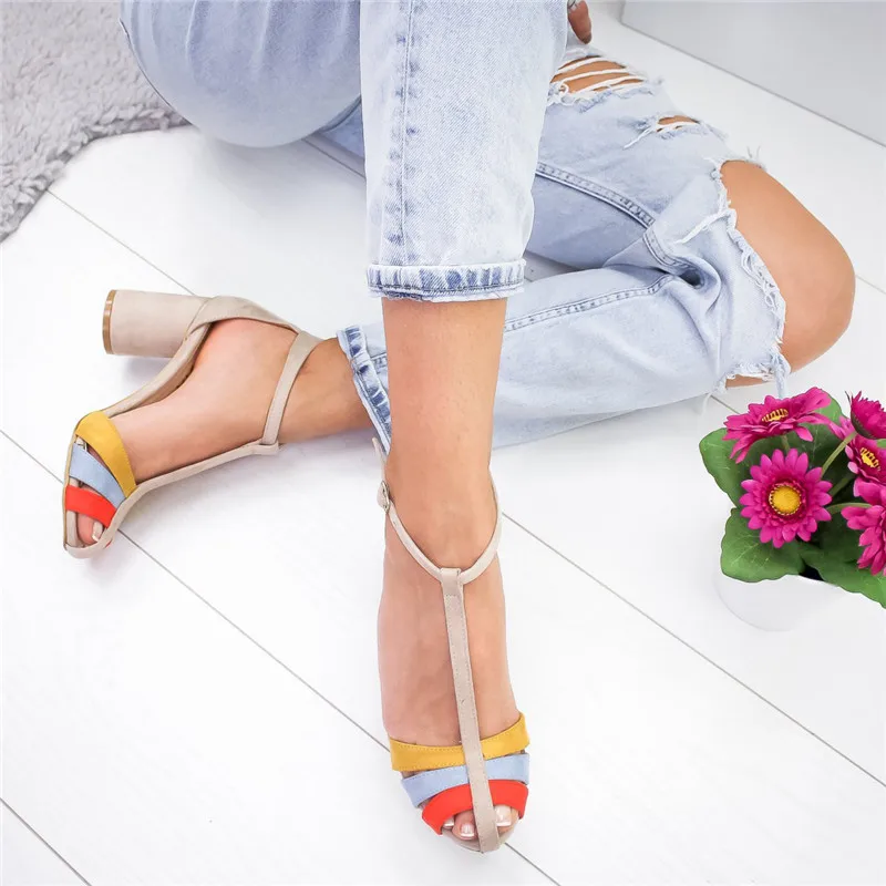 Strap Heel Peep Toe Chunky Sandals Vintage Slip On Elastic Bandage High Heels Platform Sandals Sandalias Mujer 2019