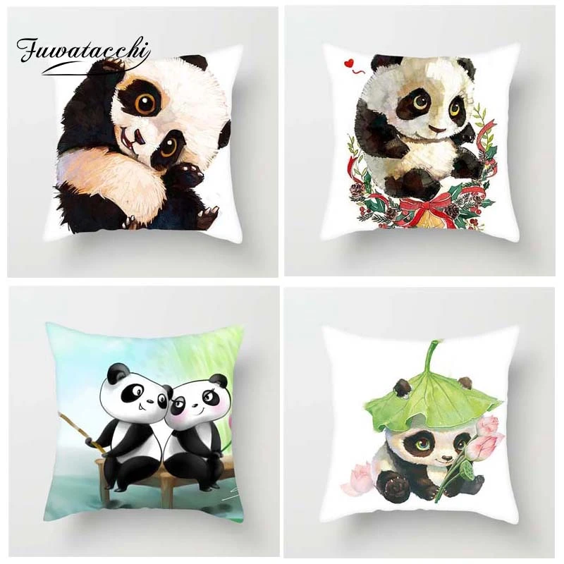 Cute Panda Print Pillow Case Pure Linen Cushion Cover Home Sofa Décor