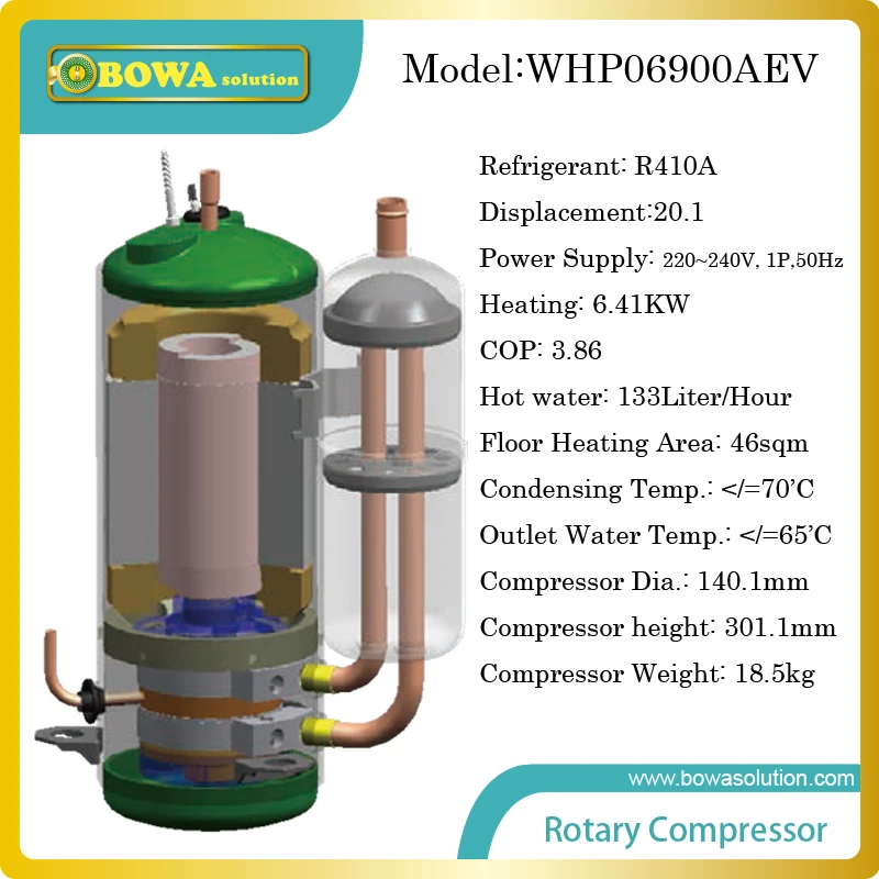 6.4KW компрессор теплового насоса может производить 133 л горячей воды в час и подходит для 46 кв. М напольного отопления