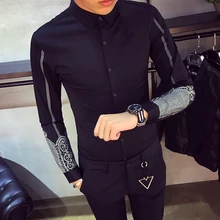 Популярная мужская рубашка-смокинг весна принт зауженный крой, для вечеринки, рубашки с длинными рукавами для ночного клуба, мужские рубашки черный/белый