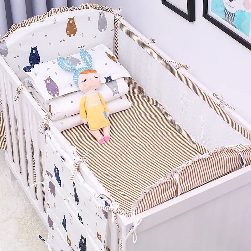 5Pcs/Set Breathable Summer Baby Bedding Bumpers Collision Half Around baby crib bumper set Cotton Printing Mesh Safety Rails