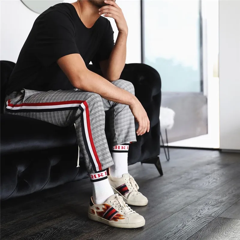 plaid pants with side stripe mens