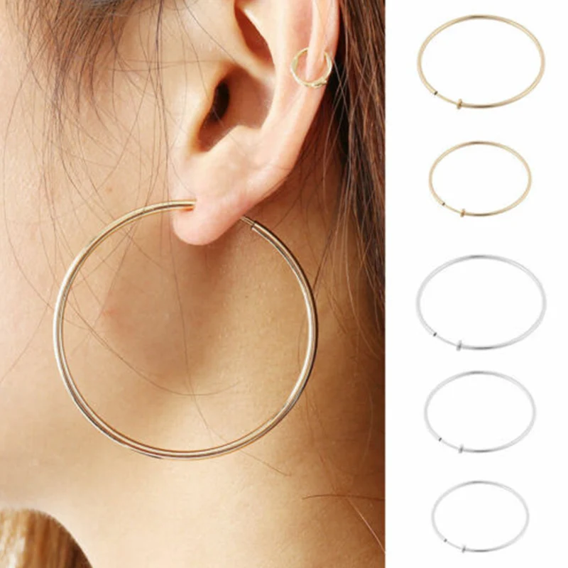

Hoop Women Earrings Fake Non-Pierced Ear Clips Rings Goth Punk Spring Clip-On
