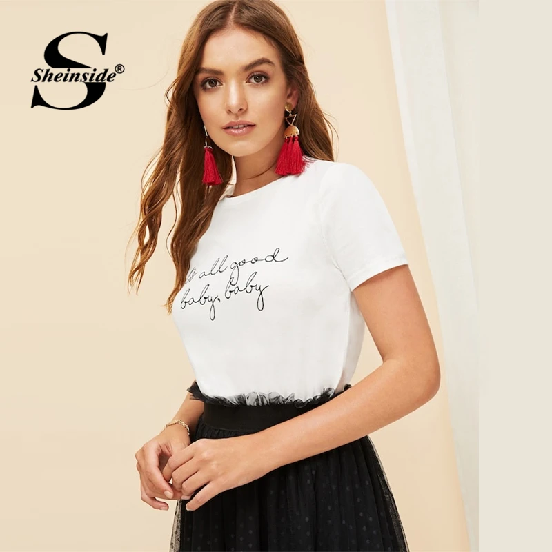 Sheinside, повседневный топ с буквенным принтом, Женский Топ, лето, короткий рукав, сплошная отделка, футболка для девушек, белый, минималистичный, базовые Топы