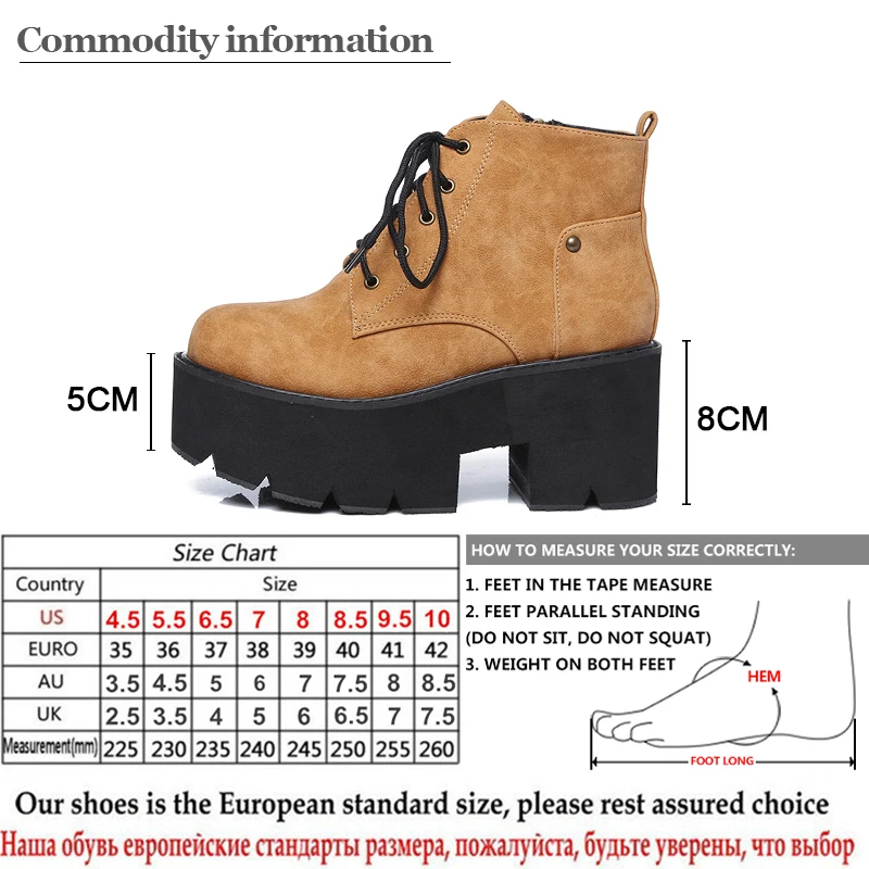 Gdgydh/Новинка года; сезон весна; ботинки на платформе; женские готические сапоги на массивном каблуке в стиле панк; ботильоны на шнуровке; Цвет черный, коричневый; удобная женская кожаная обувь