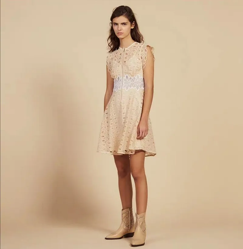 

2019 New Women Lace Hollow Out Mini Dress Sleeveless Party Dress