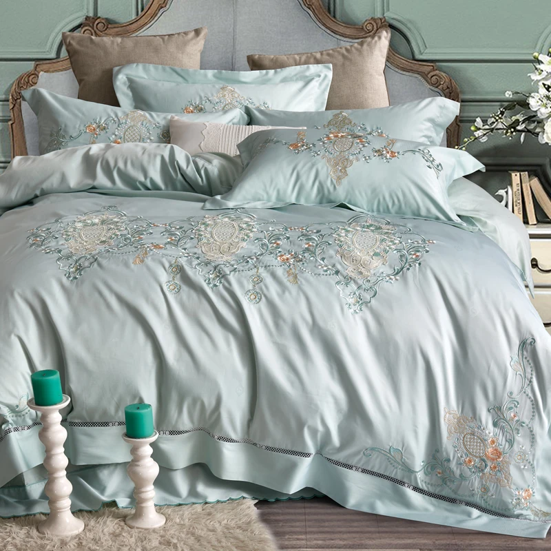 

light green 100S Egyptian cotton Luxury Royal Embroidery Bedding Set Duvet Cover Bed Linen Bed sheet Pillowcase King Queen size