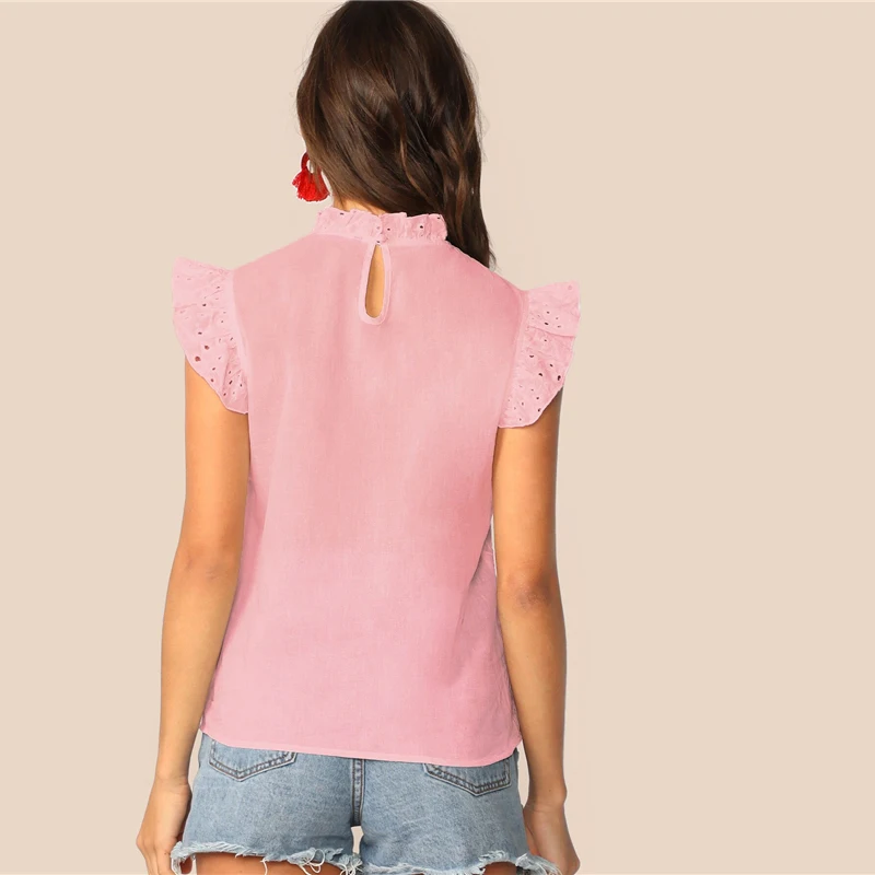 SHEIN модный топ с рюшами, вышивкой и ушками, Boho, белый, розовый, однотонный, без рукавов, со стоячим воротником, блузка, Женские топы и блузки