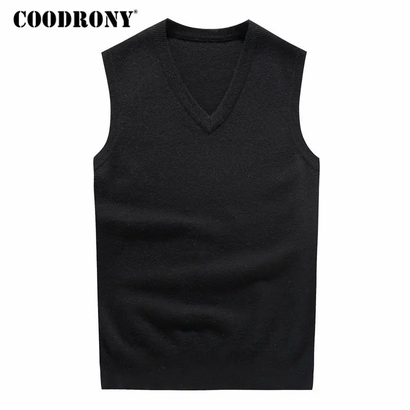 COODRONY 100 Merino Wool Vests V Neck Sleeveless Vest Sweater Men