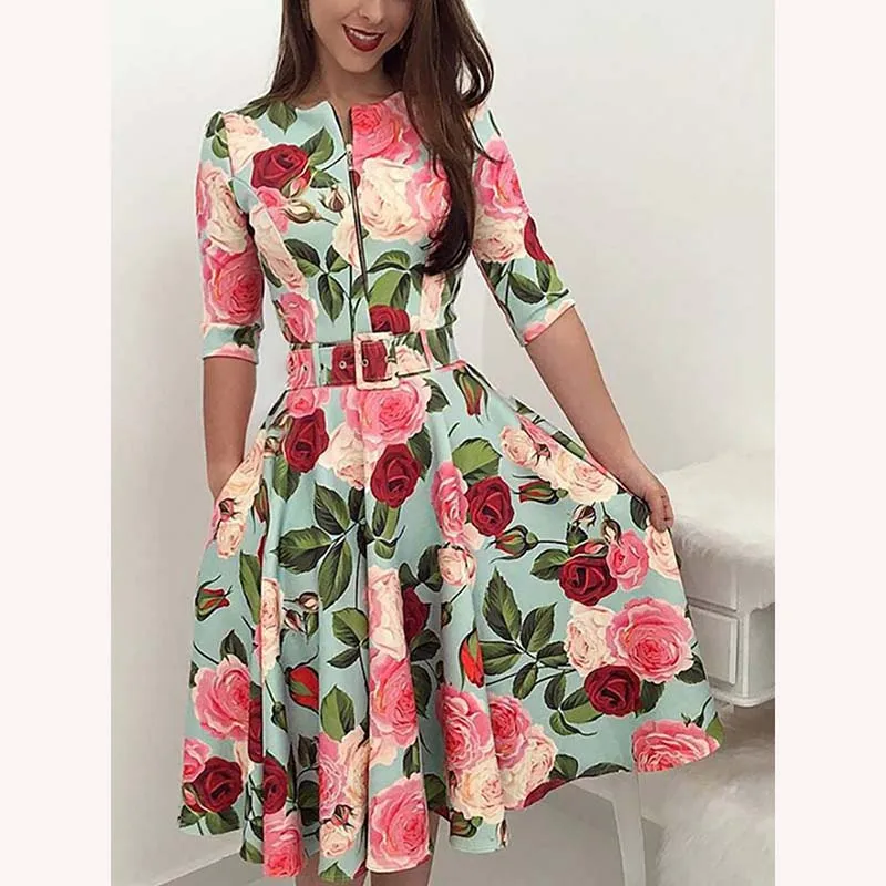 

Elegant Women knee-length Half Sleeve Floral Print Pleated Dres Waistband Party Dress Cocktail Dressess Zip Slim Skinny Bodycon