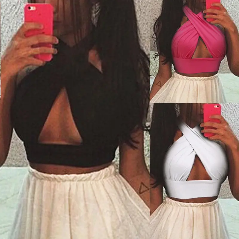 

New Womens Cross Over Short Solid Crop Top Ladies Nightclub Bralet V Neck Cut Out Vest Tee Sexy Clubwear Camis